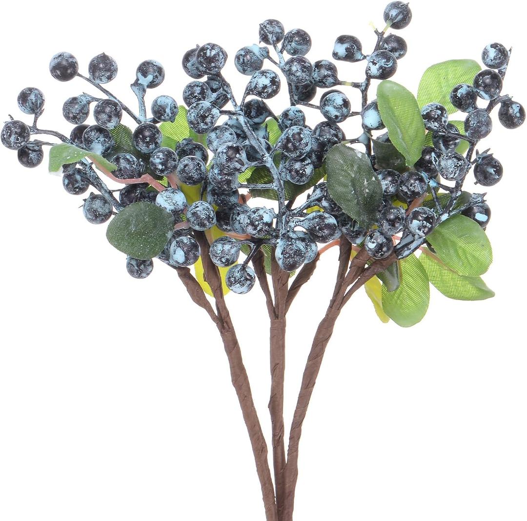 3-Pack Artificial Berry, 9.8 Inch Faux Holly Berry Foam Faux Frosted Berries with Stems for Home/Wedding/Christmas/DIY/Party/Garden/Office [Blueberry]