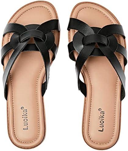 Luoika Women's Wide Width Flat Slides Sandals, Slip on Slide Sandal Casual Comfortable Summer Beach Shoes for Women., Size 9W