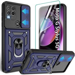 Gritup for Moto G Stylus 5G-2021 Case with Slide Camera Cover | 1*Pack HD Screen Protectors | 360 Rotating Metal Kickstand | MIL-Grade Shockproof Protection, Blue