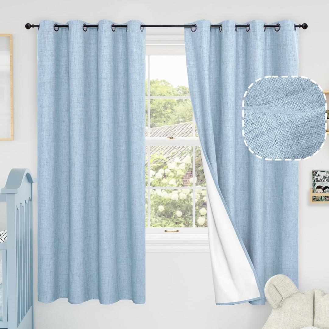 Baby Blue Linen Blackout Curtains for Nursery 63 Inch Length 2 Panels Set, Thermal Insulated Boho Total Black Out Noise Reducing Bonzer Grommets Window Curtains for Kids Bedroom, Each 52 Inch Wide
