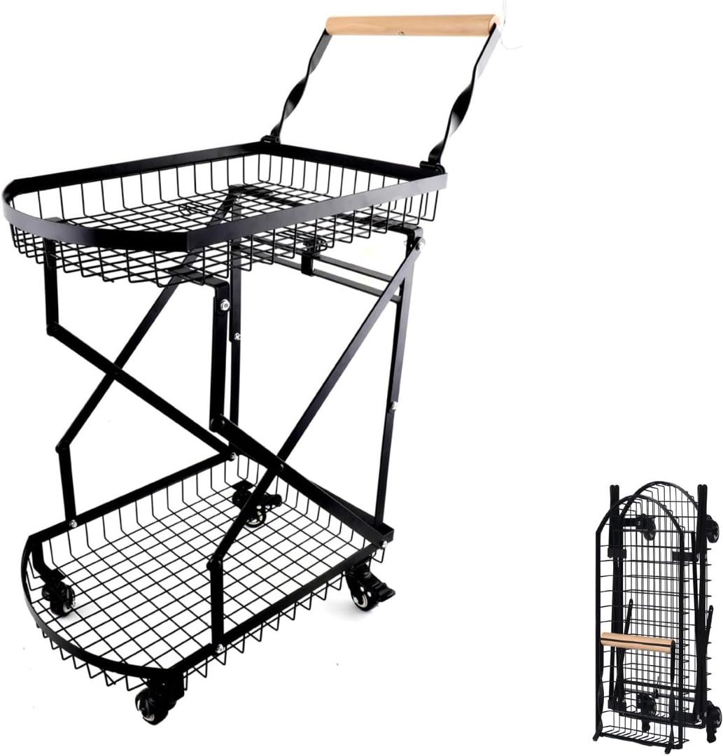 2-Tier Collapsible Utility Cart with Wheels, 110lbs Foldable Grocery Shopping Cart on Wheels,Heavy Duty Multi Function Folding Utility Cart for Camping, Kitchen, Bathroom, Office, 36Cm X 19Cm X 56Cm
