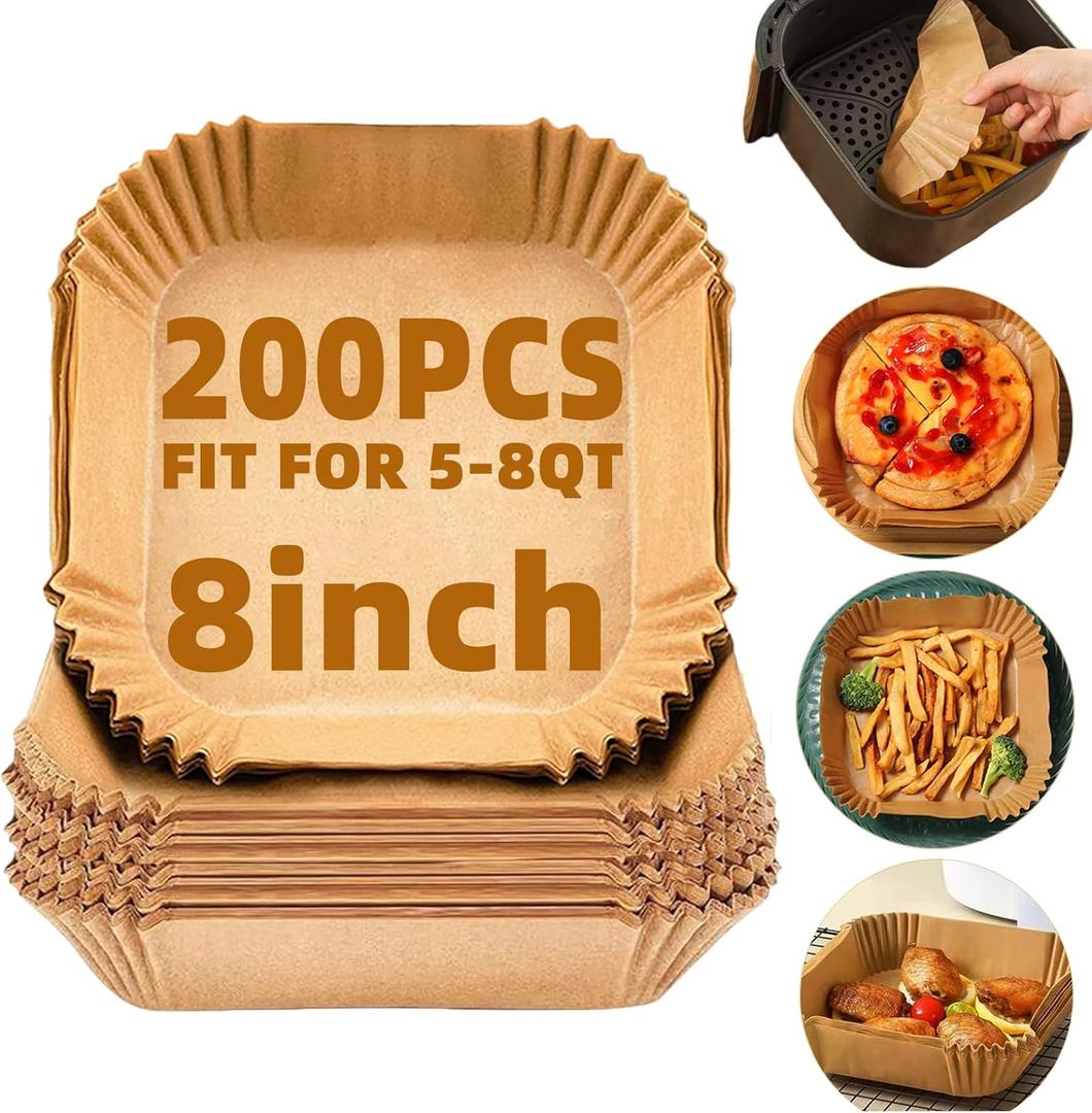 Air Fryer Liners Disposable,200Pcs Parchment Paper,LYHOLKEER 8IN Disposable Air Fryer Paper Liners for 5-8QT Air Fryer, Non-Stick, Square Liners Free of Bleach