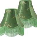 Green Bell Fringe Lamp Shades Set of 2, 6" x 13" x 10.6"(Spider) Victorian Scalloped Trim Lampshades, Bamboo Leaf Patterned Fabric Replacement Lamp Shades for Table Lamps, Easy Assembly