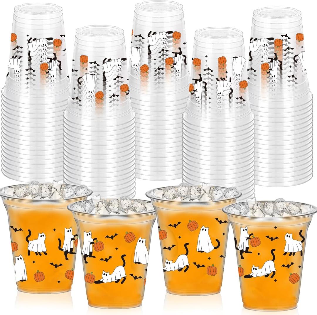 40 Pcs Halloween Ghost Cat Plastic Cups, Pumpkin Disposable PET Cup Bulk Clear Halloween Party Drinking Cups for Cold Beverage Drinkware Spooky Birthday Party Decor Supplies,12oz