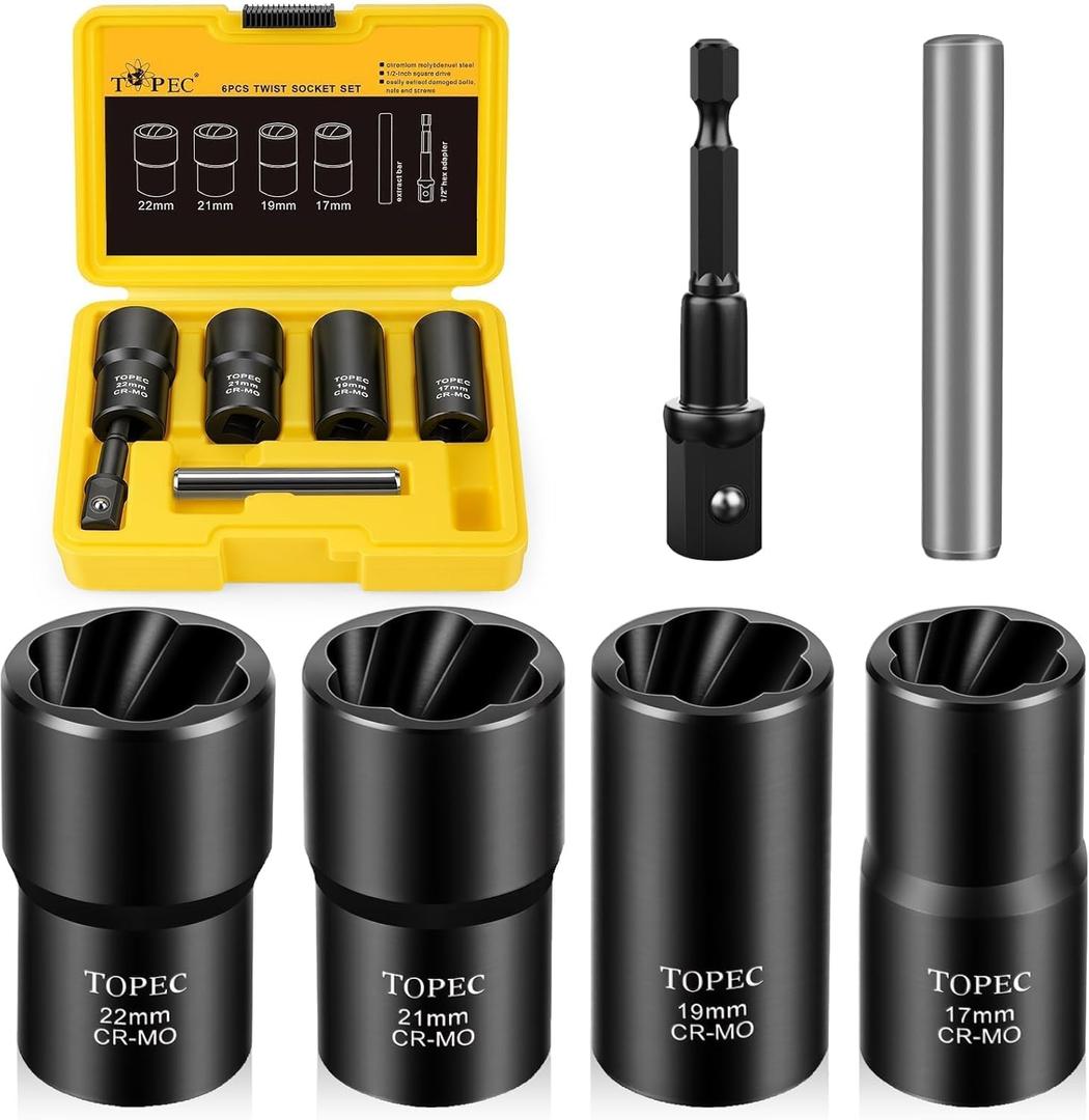 Topec 6PCS Lug Nut Removal Tool, 1/2-Inch Drive Wheel Lock Removal Kit, 17,19,21,22mm Stripped Lug Nut Remover, Extractor Socket Set for Broken, Damaged, Rounded Bolts