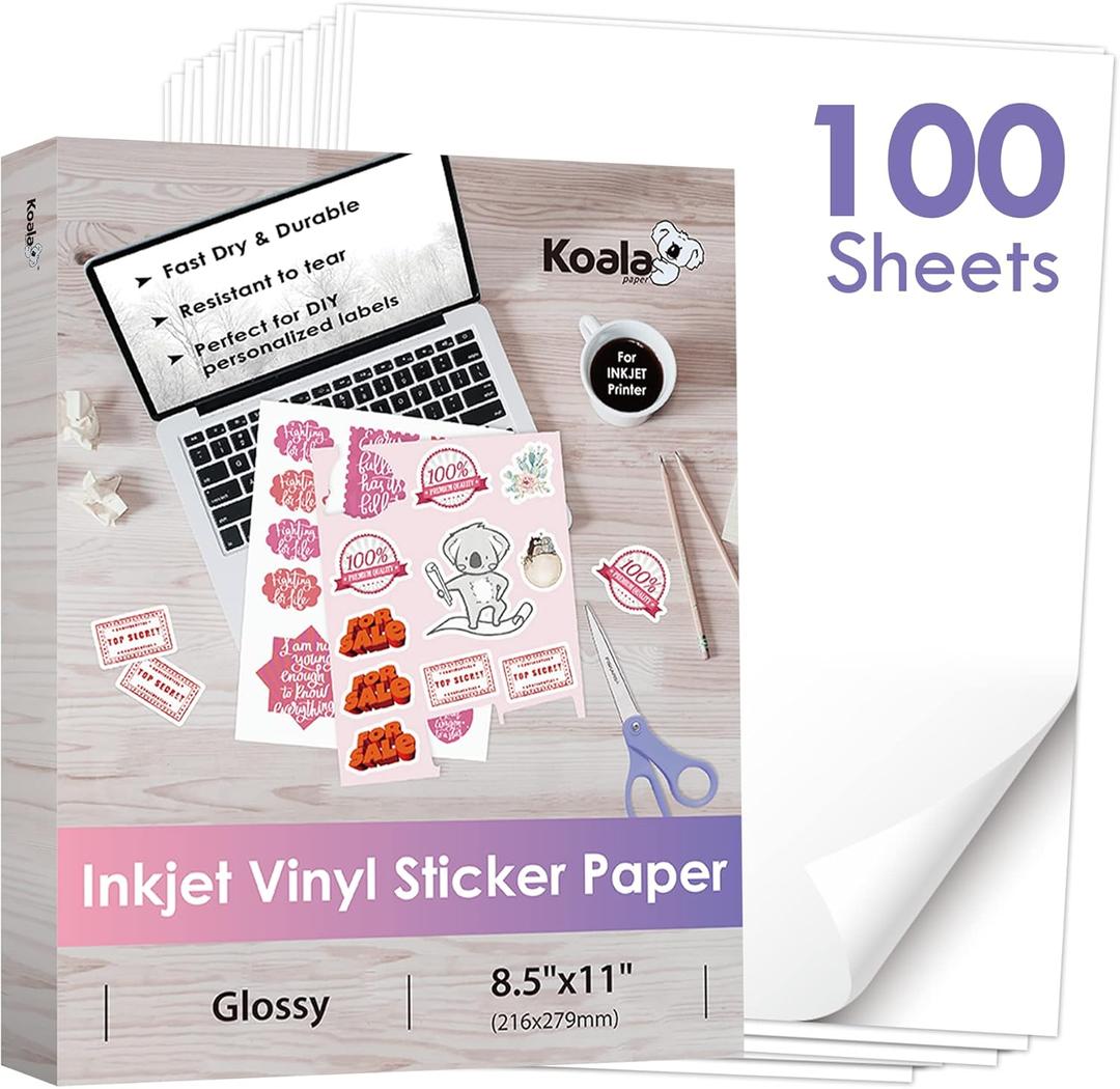 Koala Printable Vinyl Sticker Paper for Inkjet Printers - 100 Sheets Glossy White Water-Resistant Adhesive Label Paper - 8.5x11 Inch, Tear-Resistant, Removable