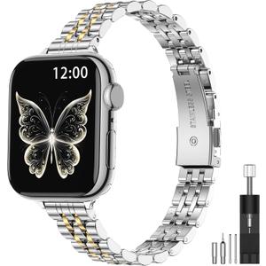 MioHHR Slim Metal Bands Compatible with Apple Watch Band Ultra3/2/1 Series 11 10 9 8 7 6 5 4 3 2 1 SE3/2/1, Thin Stainless Steel Strap for Women iWatch Band 49mm 46mm 45mm 44mm 42mm 41mm 40mm 38mm (Silver/Gold-5)