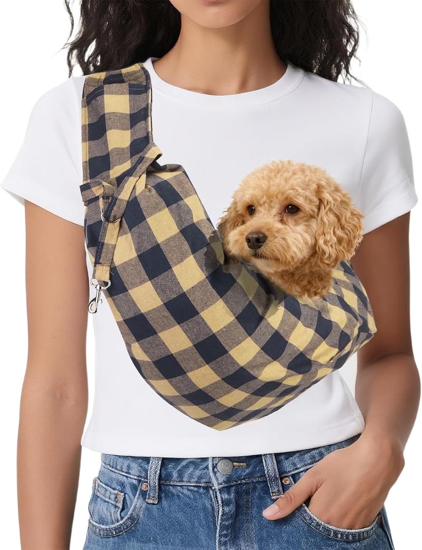 Dog Sling Carrier for Small Dogs and Cats Up to 16.5 Lbs, Adjustable Buckle with Pocket Pet Sling Carrier Safety Harness, (Khaki Grid, 1 Pcs) Intended for Outdoor/Camp/Travel