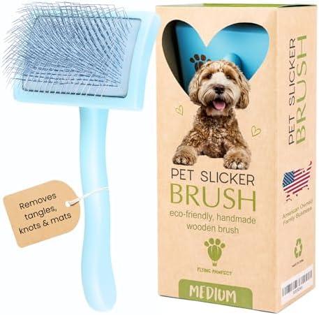 Pet Slicker Brush With Soft Massage Grooming Stainless Steel Pins - For Dematting, Shedding Fur, and Undercoat - Ideal Gift for Professional Pet Groomers - Long Slicker Brush - Flying Pawfect