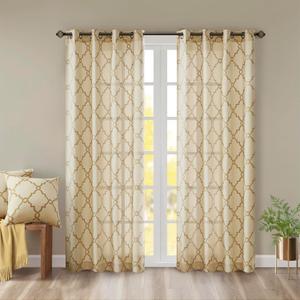 Madison Park Saratoga Single Window Curtain Light Filtering Fretwork Print 1 Panel Grommet Top Drape for Living Room Bedroom and Dorm, 50x95, Beige/Gold