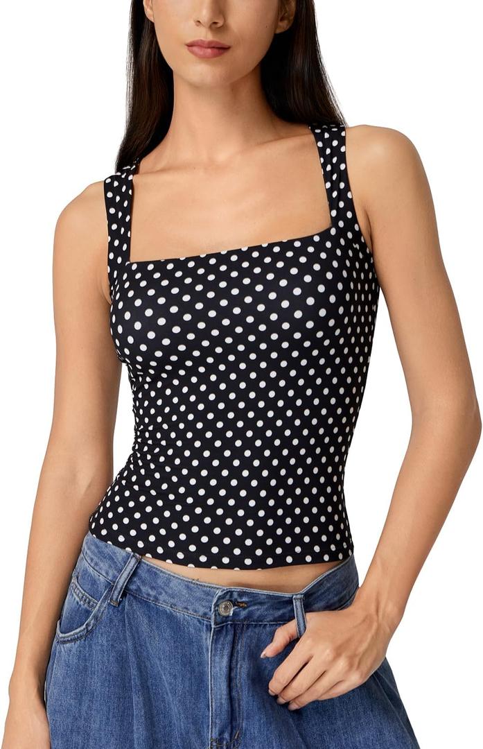 QINSEN Women's Double Layer Tank Tops Square Neck Sleeveless Basic Tight T Shirts, Black Polka Dots (S)