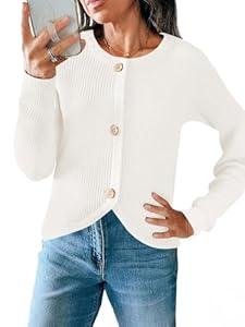 Saodimallsu Womens Cropped Cardigan Sweaters Button Up Long Sleeve Crewneck Fall Dressy Casual Knit Sweater Jackets (Small, White)