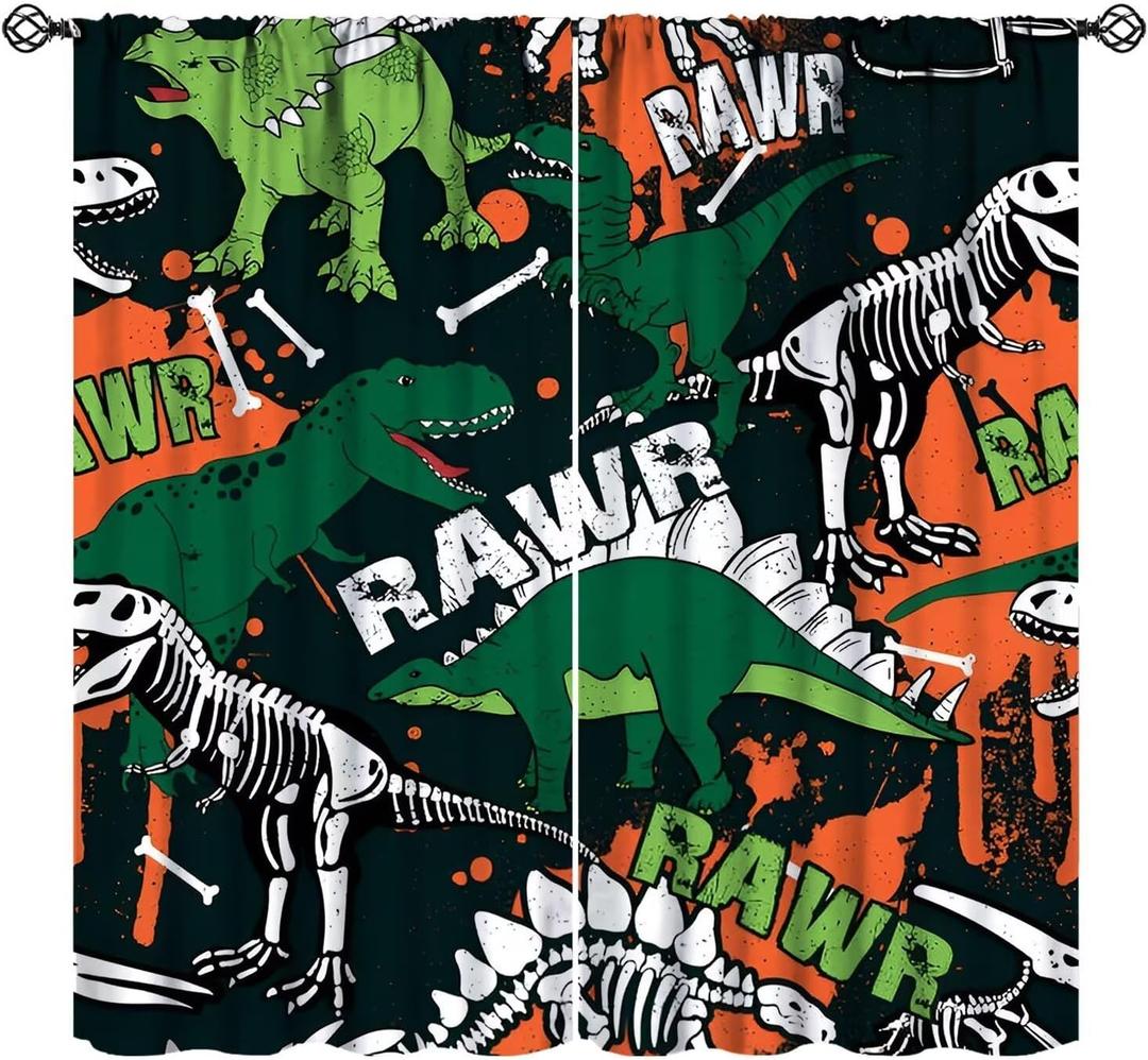 Dinosaur Skeletoncurtains for Boys Room, Vintage Grunge Cartoon Fierce Tropical Animals Print Window Curtains for Kids Bedroom Livingroom, 42x45in (No Blackout)