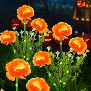 Halloween Decorations Solar Marigold Garden Lights Outdoor,2PACKS Artificial Marigold Flowers for Halloween Party Gifts Decor,Solar Flowers Path Lights for Lawn/Grave/Creepy Decor