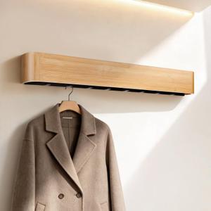 33" Bamboo Coat Rack Wall Mount, 8 Hidden Hooks, Family, Natural | Solid Bamboo Shelf, 8 Heavy Duty Steel Hooks 44 lbs Each, Entryway Mudroom Hallway Bedroom, Paper Template Easy Install