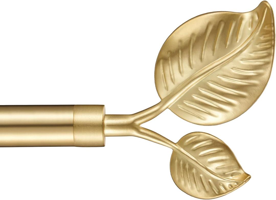 Decorative Curtain Rod with Leaf Finials, 1Inch Diameter 110-160 Inch Adjustable Length Single Drapery Window Rods Telescoping Structure, Warm Gold