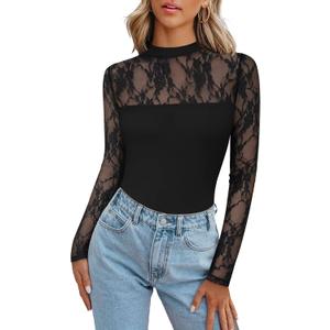 Zeagoo Long Sleeve Shirts for Women's Lace Tops Mesh Sheer Crew Neck Shirts Sexy Spring Going Out Blouse (Black) M