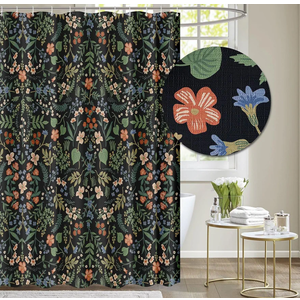 Tititex Boho Rustic Floral Black Faux Linen Shower Curtain, Vintage Watercolor Leaves with Flowers Bathroom Decoration Shower Curtain Sets 71x71 Inch with Hooks