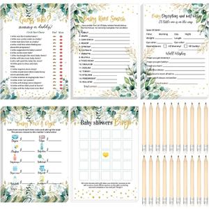 Yinder 145 Pcs Baby Shower Games Activities Cards with 20 Pencils Includes Baby Bingo Description and Wishes Guess Who Price is Right Word Scramble Game(Green Leaves)