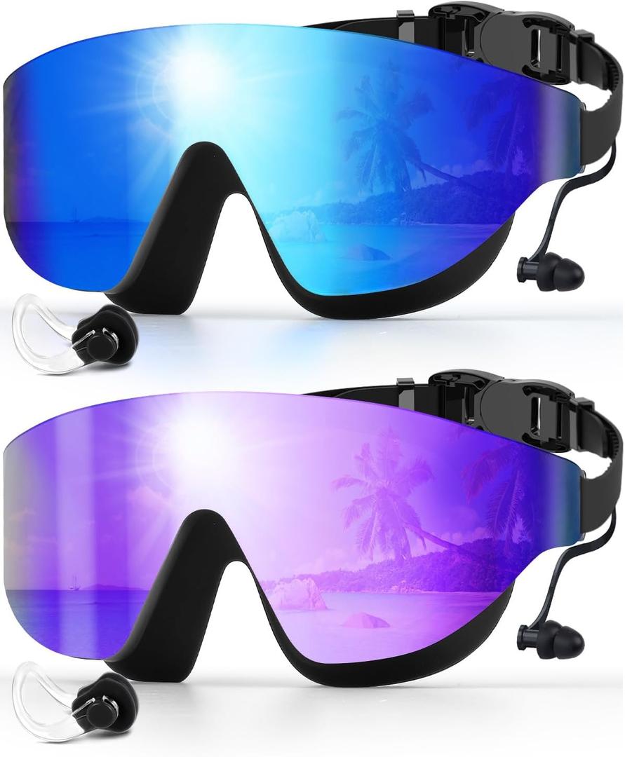 Swim Goggles, Frameless Wide View Swimming Goggles, Anti-Fog Anti-UV No Leaking Pool Goggles for Men Women Adult (Blue & Purple)