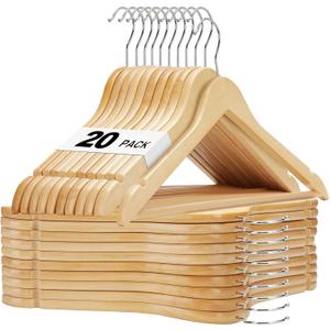 HOUSE DAY Wooden Hangers 20 Pack, Solid Wood Hanger with Non Slip Pant Bar, Heavy Duty Wooden Coat Hanger for Closet, Smooth Finish Wood Clothes Hangers for Shirts, Suits, Jackets, Dresses, Natural