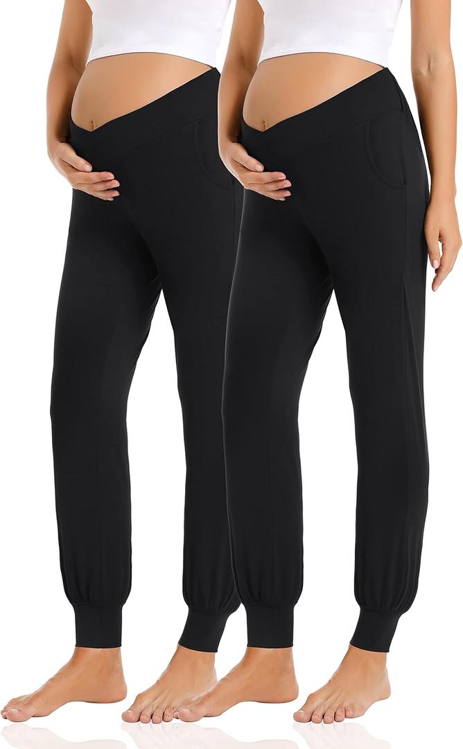 Foucome Women's Maternity Pants Comfy Lounge Workout Leggings Underbelly Stretchy Pregnancy Joggers Sweatpants (Medium, 2pack Black)