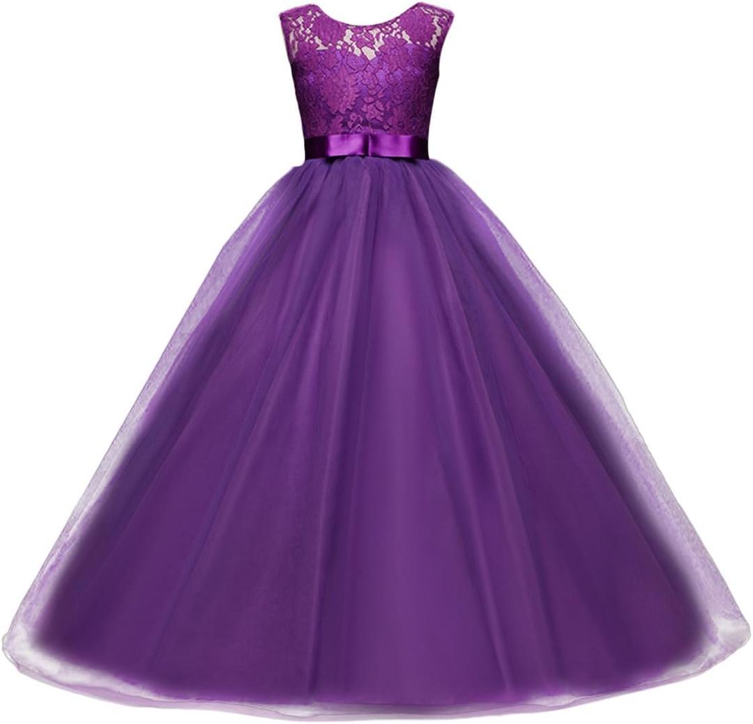Big Girl Sleeveless Lace Flower Girl Gray Princess Dress Tulle Long Maxi Gown Kids Wedding Bridesmaid Formal Pageant Dresses Purple 12-13 Years