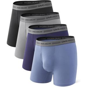 DAVID ARCHY Moisture Wicking Breathable Men's Boxer Briefs Ultra Soft Underwear Fly Pouch Tagless 6.5" Inseam No Roll, 4 Pack (Large, Black+ Navy+ Gray Blue+ Gray)