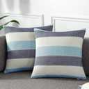 AmHoo Pack of 2 Farmhouse Stripe Check Throw Pillow Covers Set Case Cotton Linen Decorative Pillowcases Cushion Cover for Couch Bench Sofa 18x18Inch Blue Beige