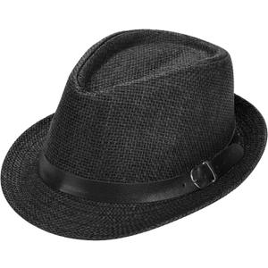 SIQITECHNO Straw Fedora Sun Hat Straw Cowboy Hat for Women Men Classic Short Brim Fedora Trilby Roll Up Panama Jazz Beach Cap (One Size, Black)