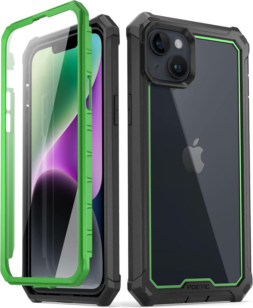 Poetic Guardian Case Compatible with iPhone 14 Plus 6.7 Inch, [20FT Mil-Grade Drop Tested] Full-Body Shockproof Protective Rugged Clear Cover Case with Built-in Screen Protector, Green/Clear