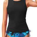 AGAPENG Girls Tankini Swimsuit High Neck Swim Tank Top and Tropical Print Bottom 2 Piece Ruched Bathing Suits for Girls 9-16Y (Blue)