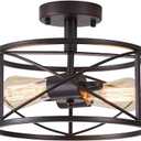 Black Semi Flush Ceiling Light Fixture, 2-Light Farmhouse Flush Mount Light Fixtures, Modern Industrial Metal Cage Pendant Lighting for Hallway, Bedroom, Kitchen, Foyer, Living Room, Dining Room