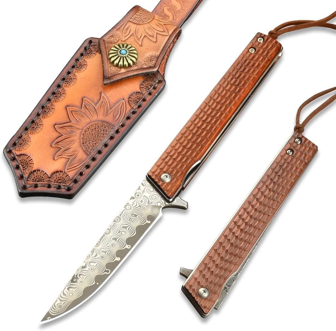 VALKNUT Damascus Pocket Knife, Handmade Hand Forged VG-10 Steel Folding Knives with Leather Sheath, 3-3/4 Inch Blade Pocket Knife for Outdoor Camping and Hunting (Sandalwood Handle)