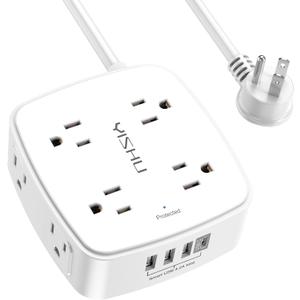 10 Ft Surge Protector Power Strip - YISHU 3 Side Outlet Extender with 8 Widely AC Outlets and 4 USB Ports, 10 Feet Extension Cord with Flat Plug, Wall Mount Desk USB Charging Station, ETL,White