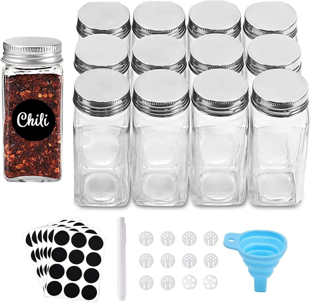 ROYALHOUSE 12 Pcs Glass Spice Jars/Bottles - 4oz Empty Square Spice Containers with Spice Labels and Airtight Metal Caps with Shaker Lids