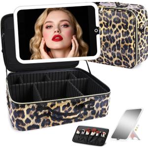 Large Travel Makeup Bag with LED Detachable Mirror, Leopard