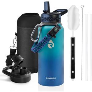 Insulated Water Bottle 32 oz, Triple Wall Vacuum Stainless Steel (Cold for 48 Hrs), Leak Proof & Non-BPA, Modern Water Flask Jug with Paracord Handle & Straw Spout Lids, Cyan Blue