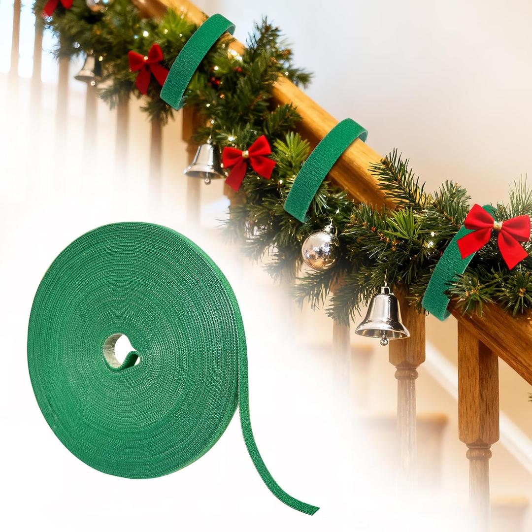 Christmas Holiday Garland Ties Hook and Loop Decorative Wreath 50FT Roll Cuttable Nylon Cable Straps for Christmas Halloween Banister, Railings, Stairs or Lamp Posts Outdoors Decoration(Green)