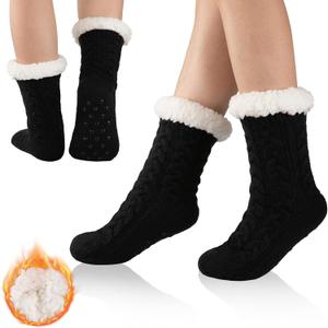 2 x Womens Warm Slipper Socks Winter Knit Fuzzy Cozy Thick Fleece Lined Socks with Grippers Thermal Home Socks (Black)