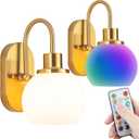 Battery Operated Wall Sconce Set Of Two, RGB Color Changing Dimmable Sconces With Remote For Bedroom Living Room, Easy To Install (Brass)