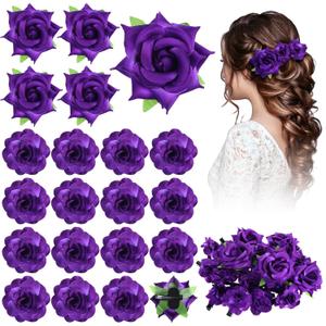 BBTO 21 Pcs Flower Hair Pins Rose Barrettes Clips for Women Flower Accessories Bride Claw Clip Hairpin Brooch Headpiece for Wedding (Purple,Large, Small) (One Size)
