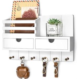 Rebee Vision Decorative Key Holder Wall Mount for Home Decor - Mail Holder with 2 Drawer Organizer and 6 Key Hooks - Home Organization for Aesthetic Room Decor (White)