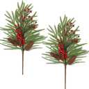 2Pcs Artificial Christmas Norfolk Pine Branches with Red Berry Pine Cones Stems 18.9" Real Touch Faux Greenery Stem Fake Cedar Pine Picks for Vase DIY Crafts Xmas Tree Garland Wreath Indoor Home Decor