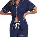 EA'S SECRET Womens Pajamas Set 100% Cotton Soft Short Sleeve Sleepwear Button Down Nightwear Summer Pj Sets (Large, Navy Blue)