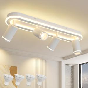 LED 4 Light Track Lighting Spotlight Kit, White Ceiling Spotlights, Modern Track Light Fixture with Flexibly Rotatable Light Heads, 50W+20W Dual Lighting for Kitchen Living Room,Includes 4 x GU10 Bulb
