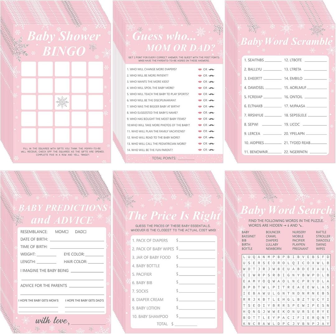Harloon 302 Pcs Winter Snowflake Baby Shower Games, 6 Games, 50 Sheets Each, Baby Shower, Word Scramble, Word Search, Predictions and Advice(Pink)