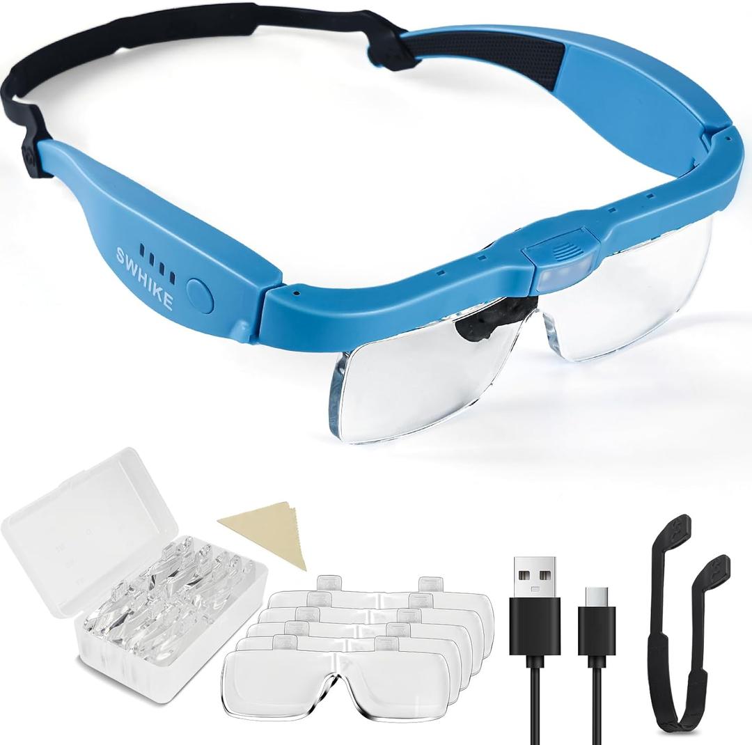 Rechargeable Headband Magnifier with Light, 0.75X-4.0X Magnifying Glasses with Light for Close Work, 5 Detachable Lenses for Jewelry Making, Reading, Crafts  Adjustable, Hands-Free (Blue)