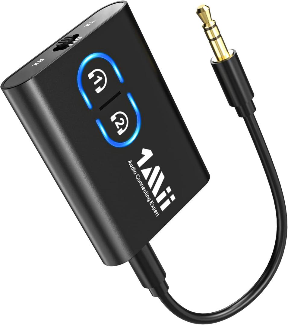 1Mii Bluetooth 5.3 Transmitter Receiver for TV to Wireless Headphones, Dual Link AptX Adaptive/Low Latency/HD Audio, Aux Adapter for Home Stereo, Airplane, Boat, Gym (Black)