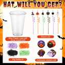 100 Pcs Halloween Party Favors Gift Cups Filler for Student, Trick or Treat Plastic Cups with Lid Silly Straw and Raffia for Classroom Gift Halloween Party Goodie Bag Decoration(Classic,Black)